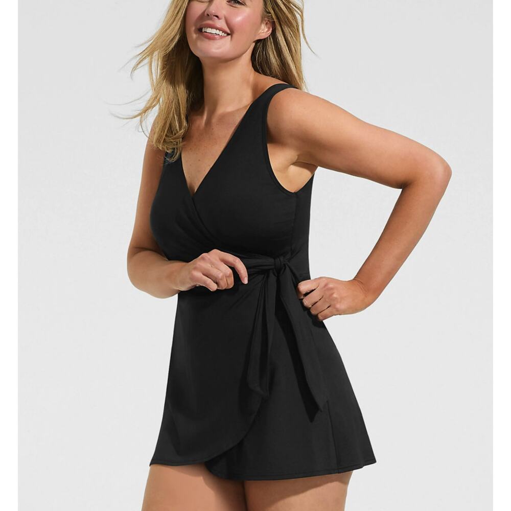Lands End Wrap & Side Tie Swim Dress Swimsuit | 16W, Black - Picture 5 of 16
